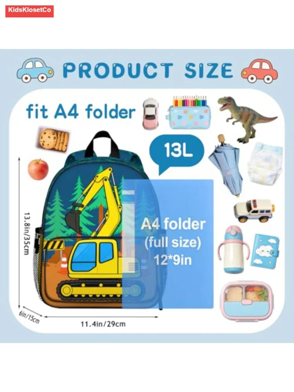 Excavator Toddler Backpack for Boys, Lightweight Construction Preschool